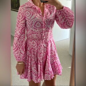 Zara pink and white tie-dye print mini dress w long sleeves & pleated ruffle hem